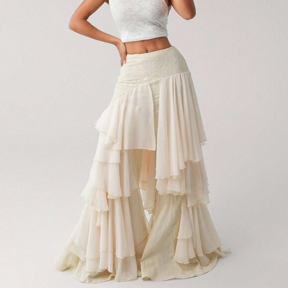 Beige Asymmetrical Party Women's Chiffon Ruffle Patchwork Loose Hem Pants - Picture 1 of 6